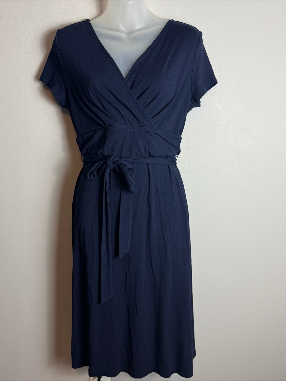 Ann Taylor Navy Faux Wrap Tie Front V Neck Midi Dress Size Small Petite - Picture 2 of 11